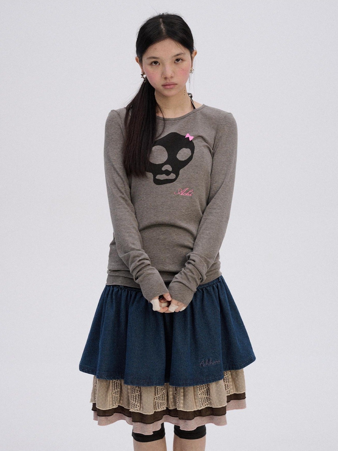Achihara Soft Stretch Viscose Blend Skull Crew Neck Office Women Long Sleeve T-Shirts