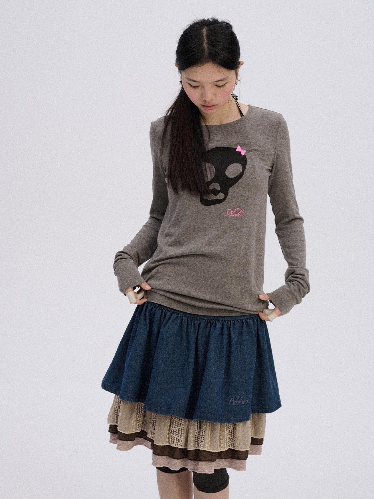 Achihara Soft Stretch Viscose Blend Skull Crew Neck Office Women Long Sleeve T-Shirts