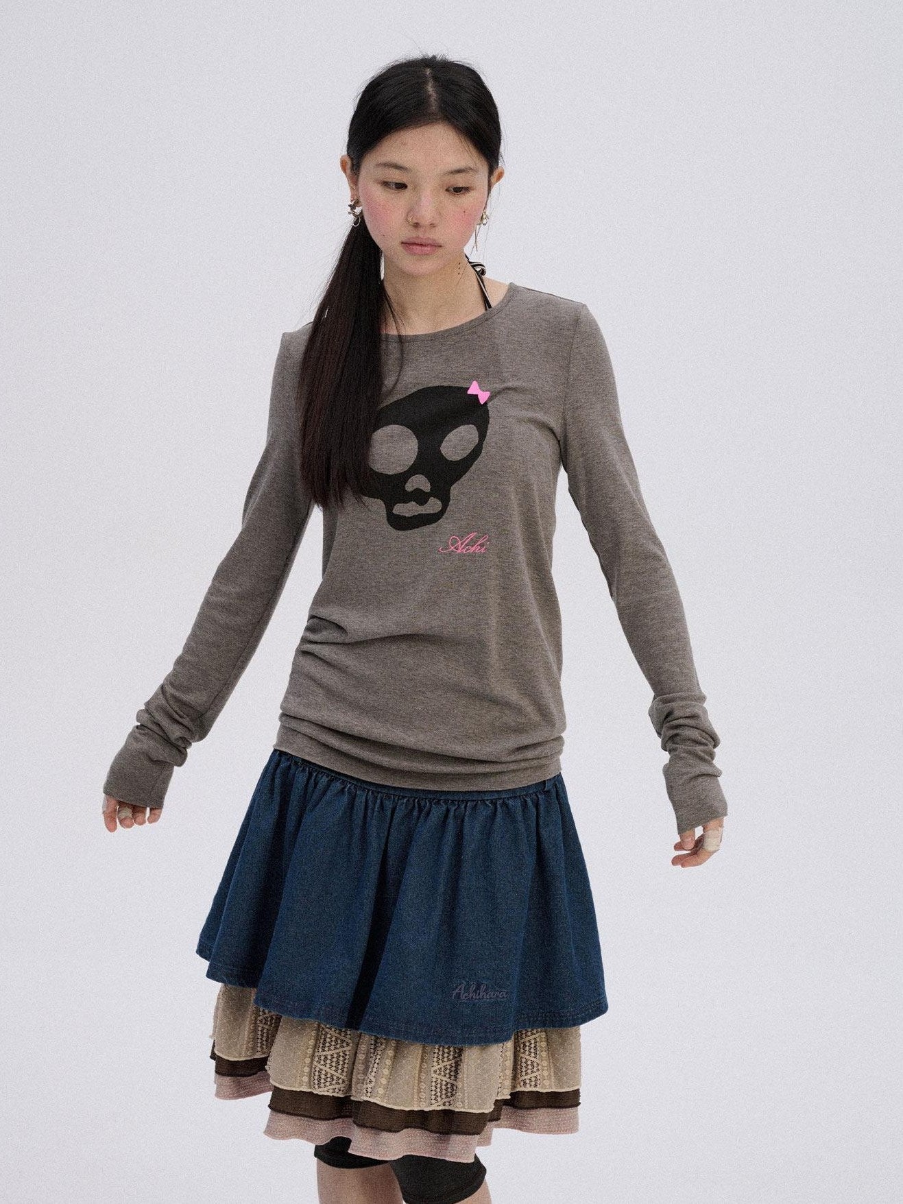 Achihara Soft Stretch Viscose Blend Skull Crew Neck Office Women Long Sleeve T-Shirts