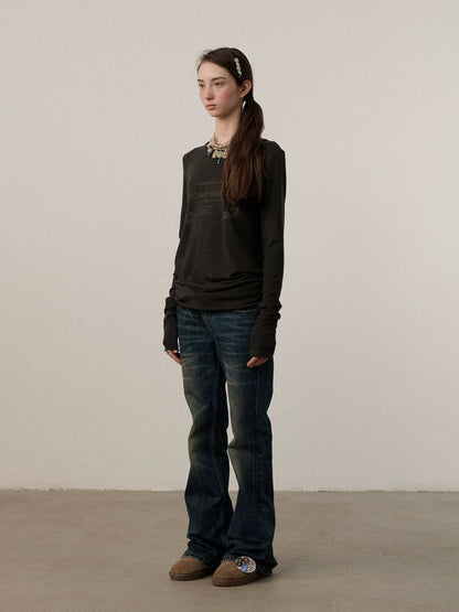 Achihara Soft Viscose Long Sleeve Letter Print Commuter Slim Fit Women Round Neck T-Shirt