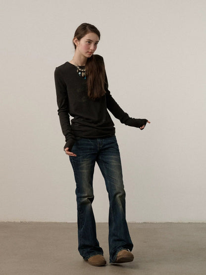 Achihara Soft Viscose Long Sleeve Letter Print Commuter Slim Fit Women Round Neck T-Shirt