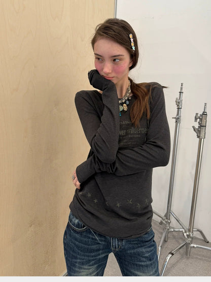 Achihara Soft Viscose Long Sleeve Letter Print Commuter Slim Fit Women Round Neck T-Shirt