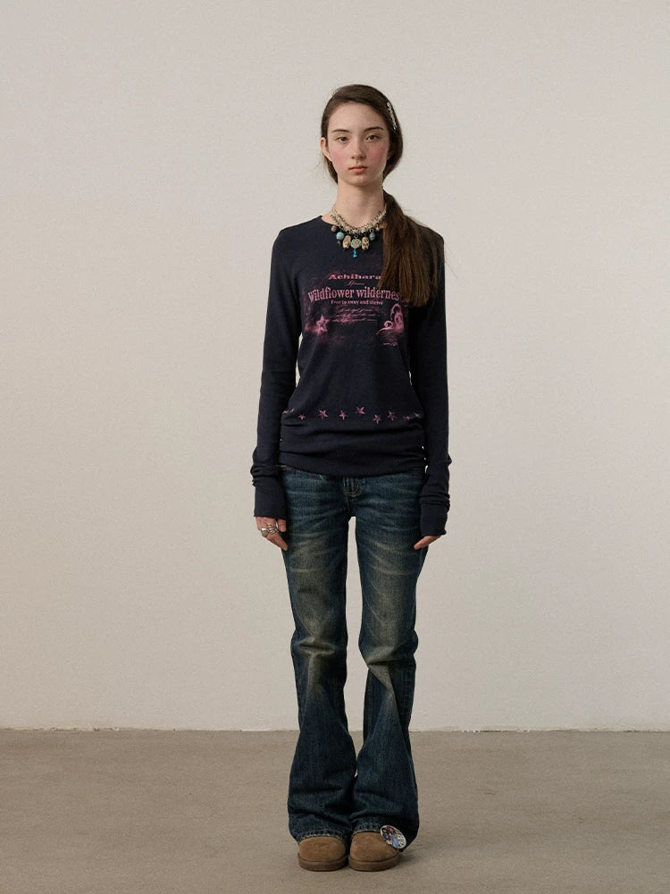 Achihara Soft Viscose Long Sleeve Letter Print Commuter Slim Fit Women Round Neck T-Shirt-1
