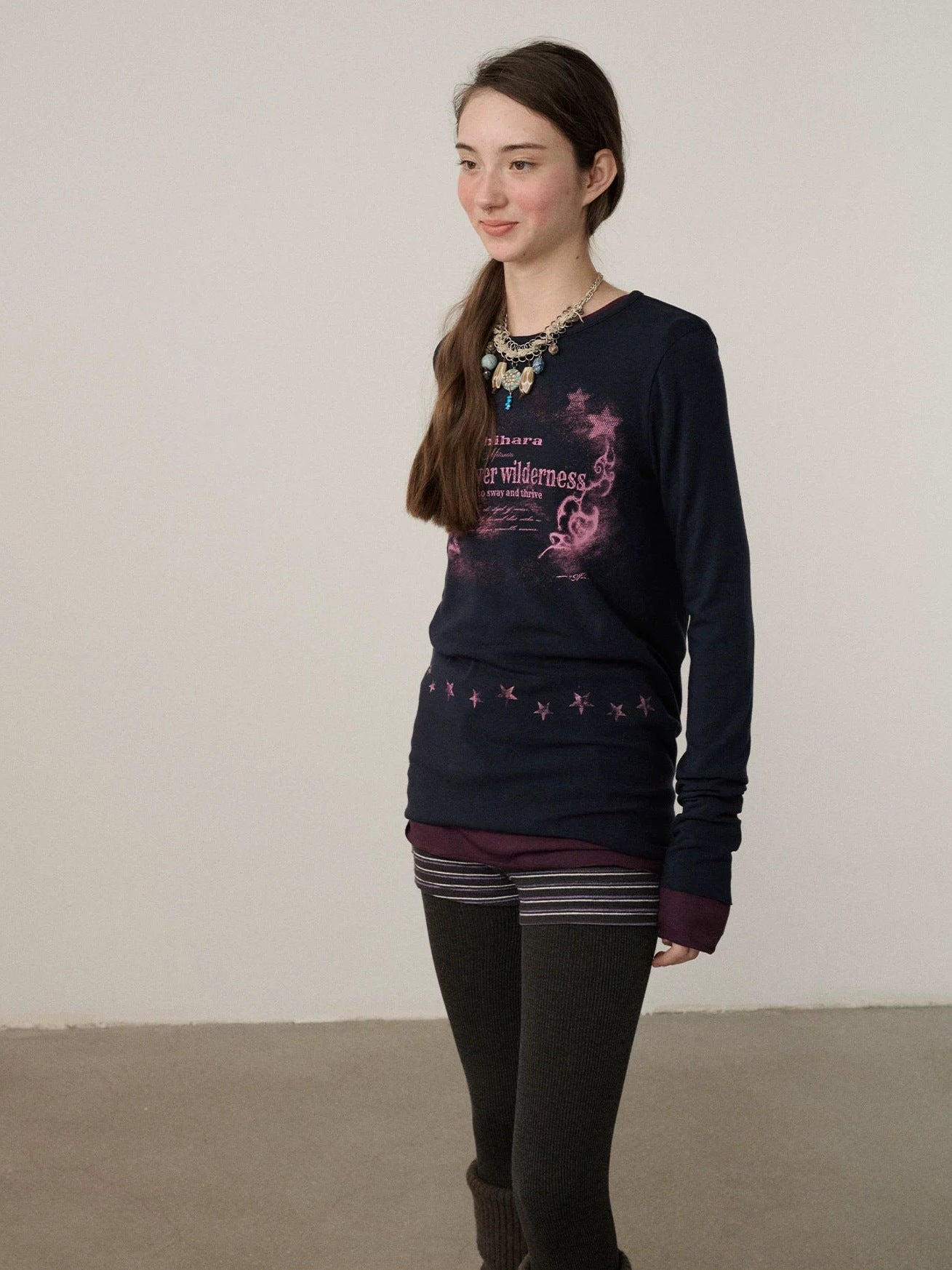 Achihara Soft Viscose Long Sleeve Letter Print Commuter Slim Fit Women Round Neck T-Shirt