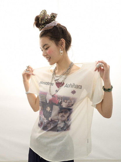 Achihara Spanish Beach Print T Shirt V Neck Long Sleeve
