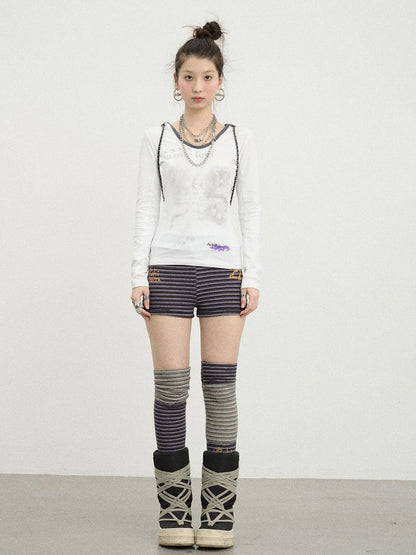 Starry Rain Hooded Tee V-Neck T-Shirt Long-Sleeve