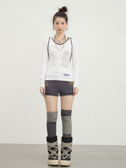 Achihara Starry Rain Hooded Tee V-Neck T-Shirt Long-Sleeve