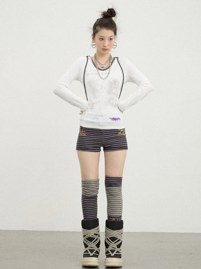 Starry Rain Hooded Tee V-Neck T-Shirt Long-Sleeve
