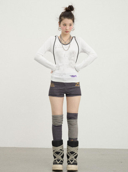 Achihara Starry Rain Hooded Tee V-Neck T-Shirt Long-Sleeve