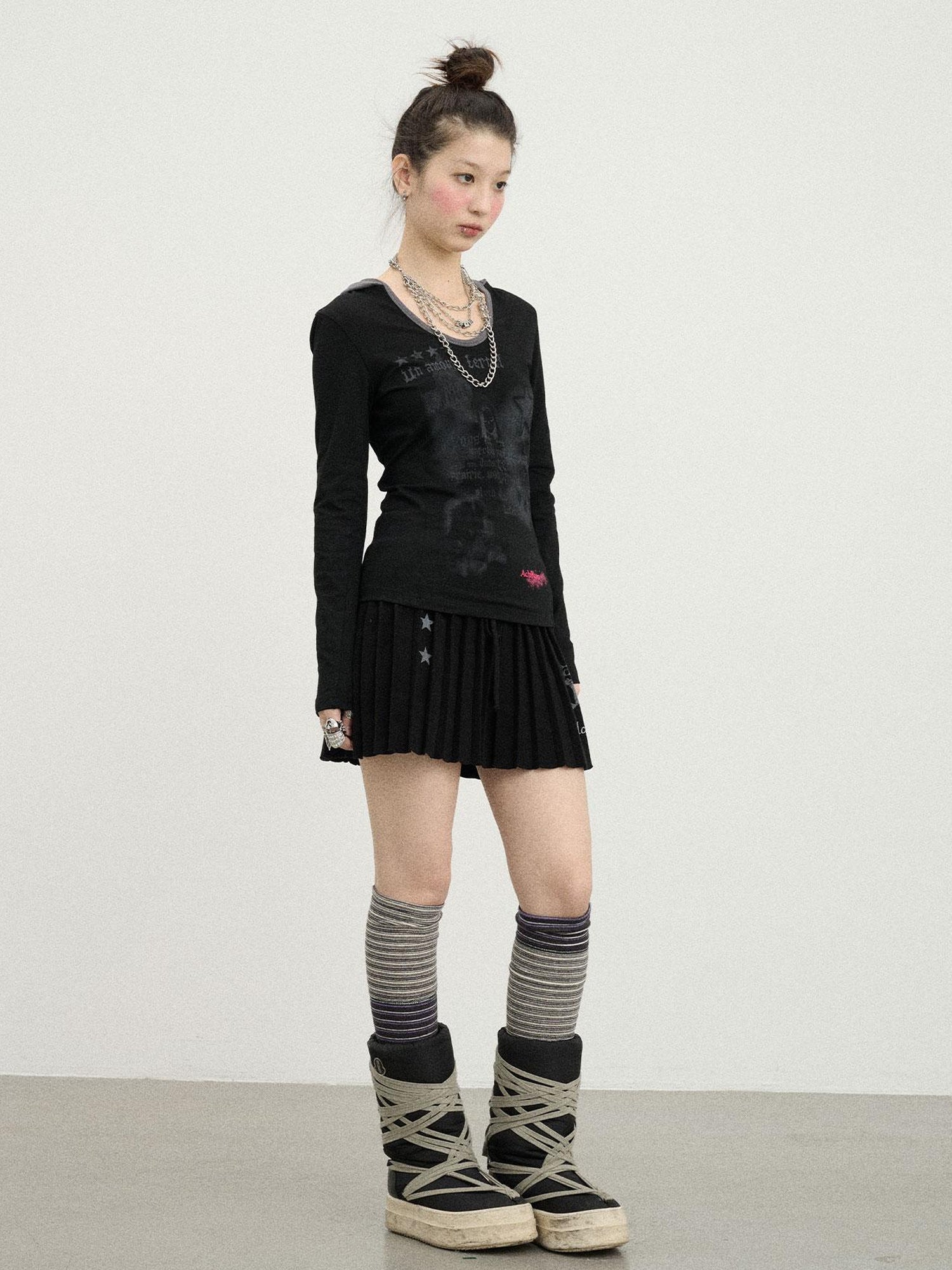 Achihara Starry Rain Hooded Tee V-Neck T-Shirt Long-Sleeve
