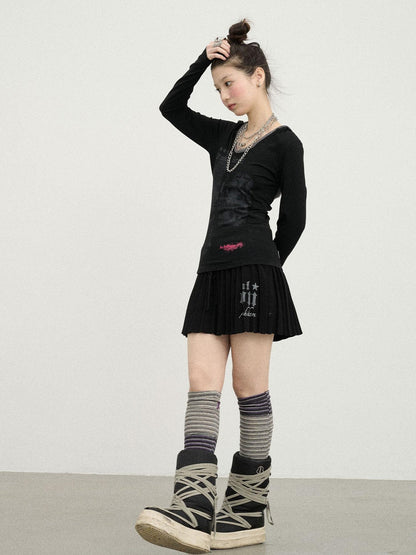 Achihara Starry Rain Hooded Tee V-Neck T-Shirt Long-Sleeve