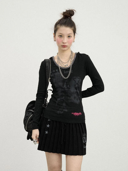 Starry Rain Hooded Tee V-Neck T-Shirt Long-Sleeve