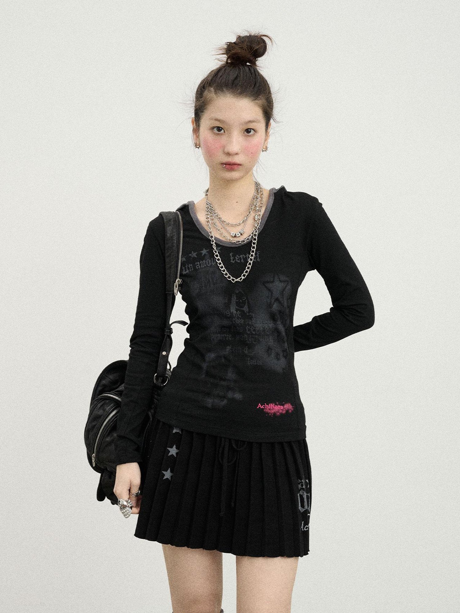 Achihara Starry Rain Hooded Tee V-Neck T-Shirt Long-Sleeve