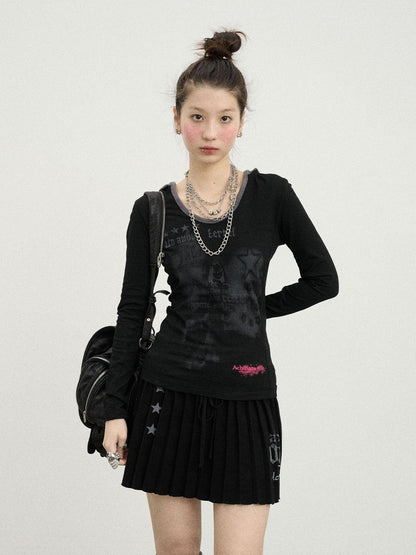 Achihara Starry Rain Hooded Tee V-Neck T-Shirt Long-Sleeve