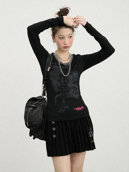 Starry Rain Hooded Tee V-Neck T-Shirt Long-Sleeve