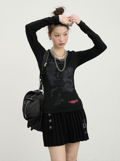 Achihara Starry Rain Hooded Tee V-Neck T-Shirt Long-Sleeve