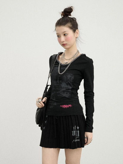 Starry Rain Hooded Tee V-Neck T-Shirt Long-Sleeve
