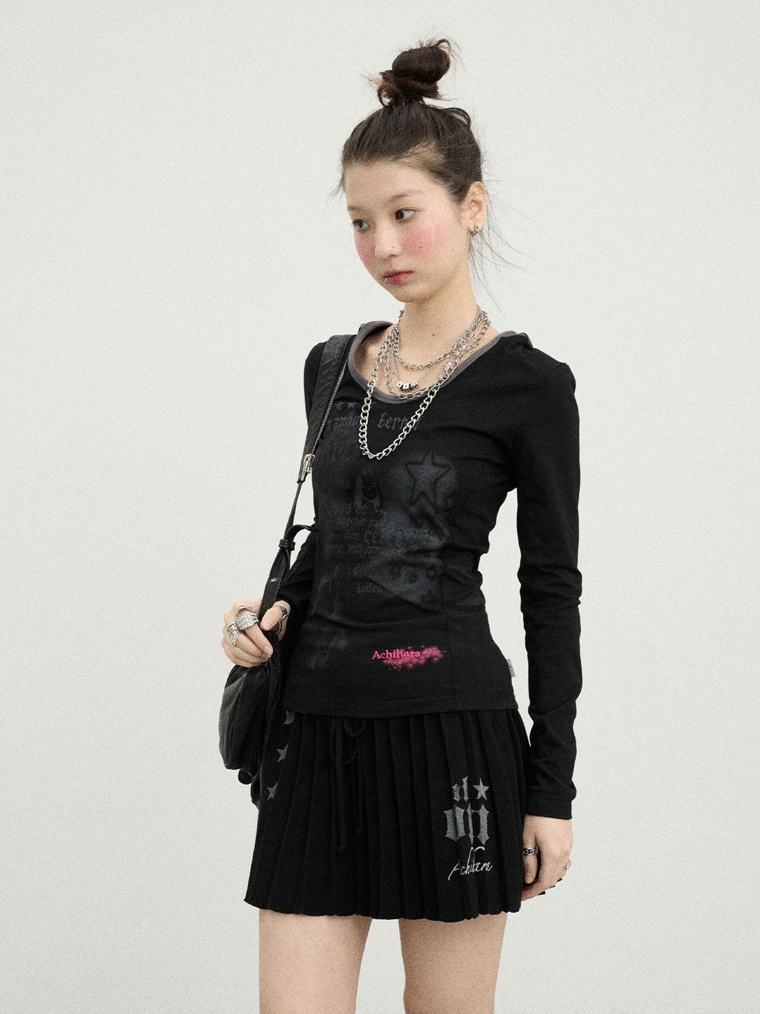 Achihara Starry Rain Hooded Tee V-Neck T-Shirt Long-Sleeve