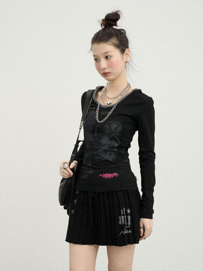 Achihara Starry Rain Hooded Tee V-Neck T-Shirt Long-Sleeve