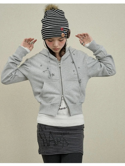 Stars Cropped Hoodie Women Short Top 2025 New Spring Autumn Jacket