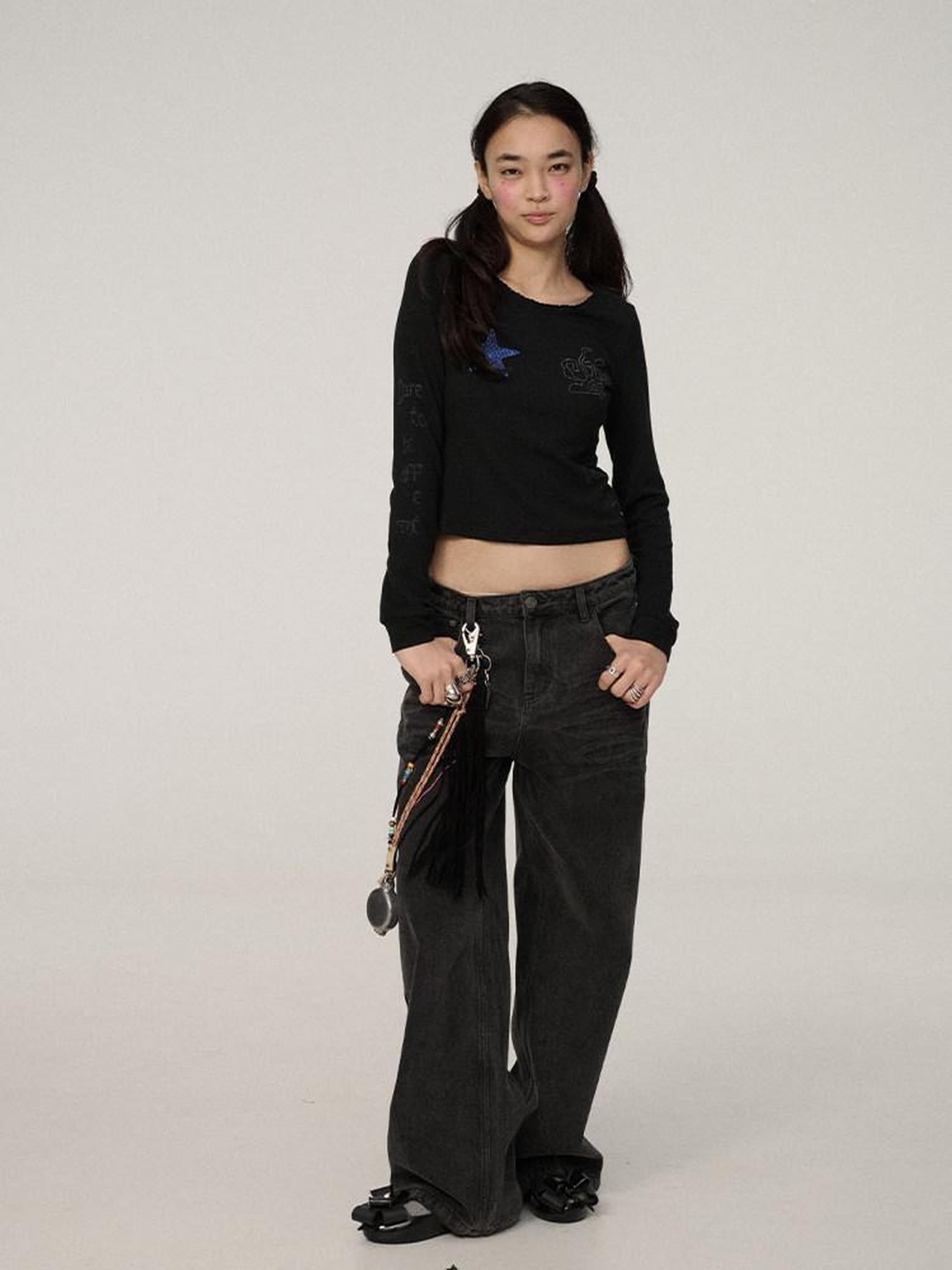 Achihara Stretch Commuter Straight Crop Long Sleeve Crew Neck Women Polyester T-Shirt