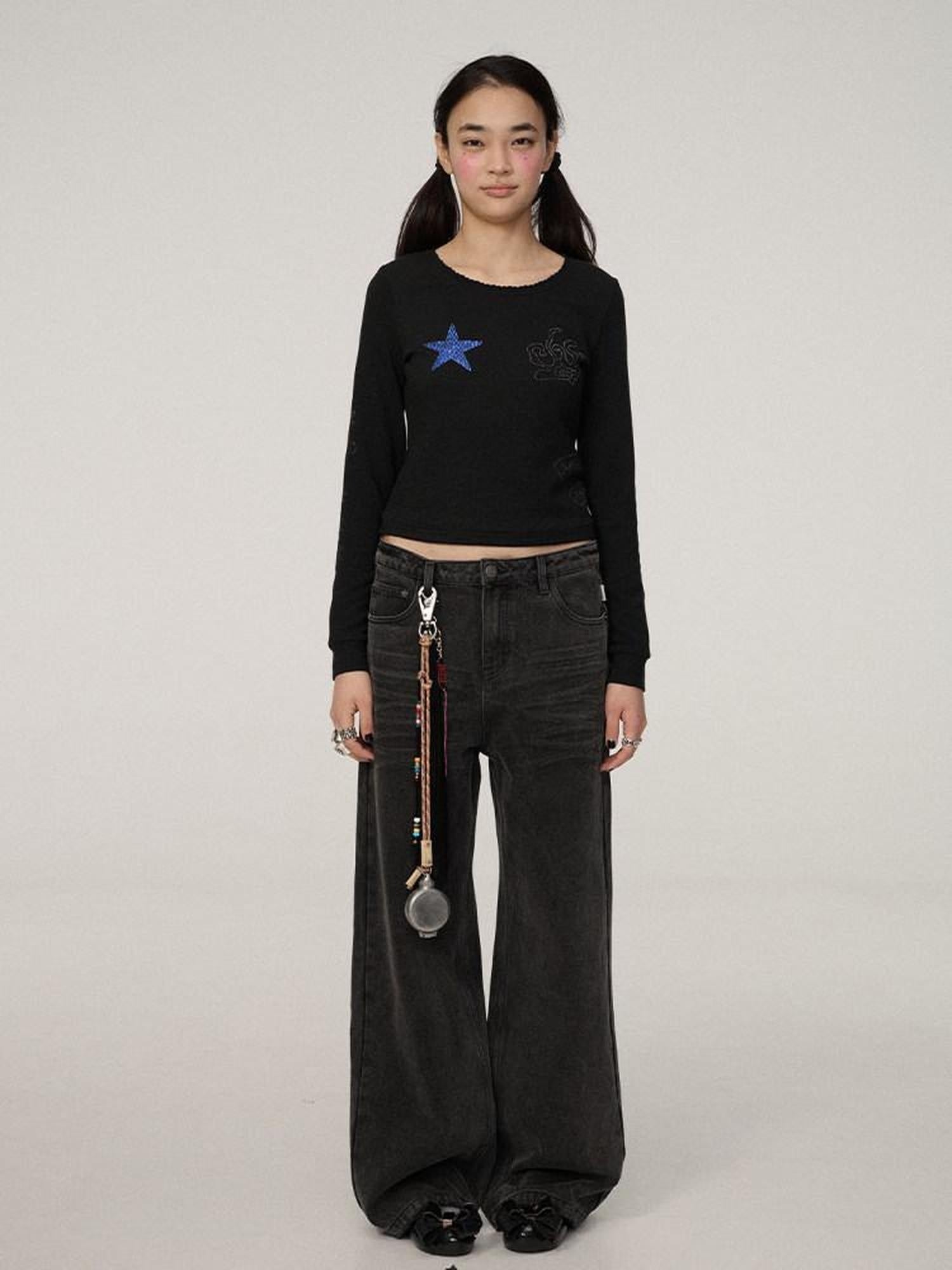 Achihara Stretch Commuter Straight Crop Long Sleeve Crew Neck Women Polyester T-Shirt