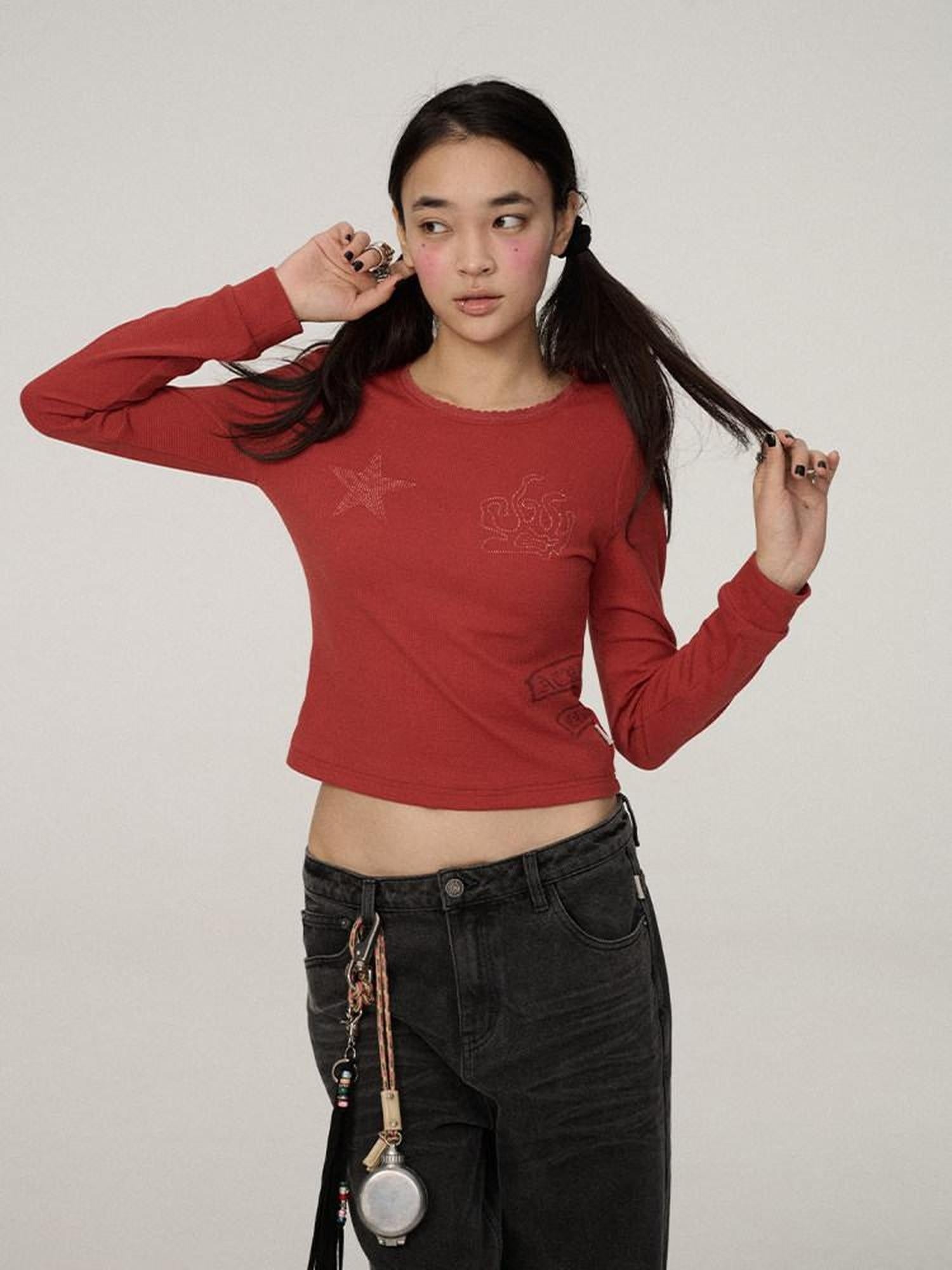 Achihara Stretch Commuter Straight Crop Long Sleeve Crew Neck Women Polyester T-Shirt