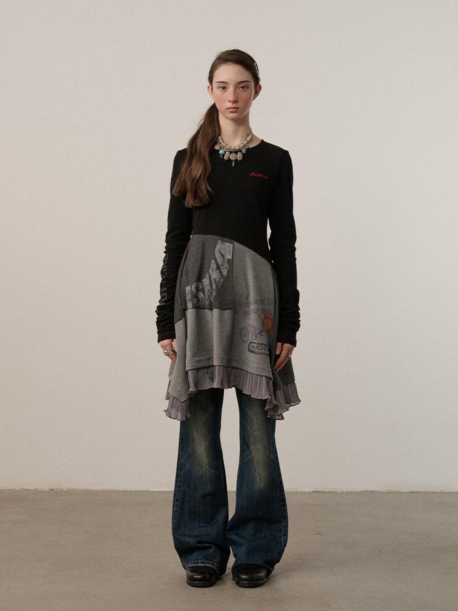 Achihara Stretch Loose Longsleeve Round Neck Spliced Women Urban Polyester Black T-Shirt