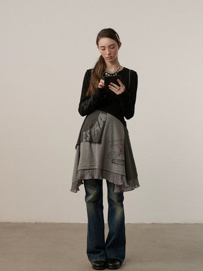 Achihara Stretch Loose Longsleeve Round Neck Spliced Women Urban Polyester Black T-Shirt