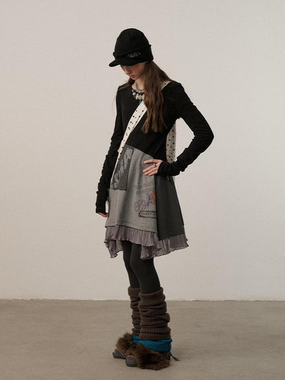 Achihara Stretch Loose Longsleeve Round Neck Spliced Women Urban Polyester Black T-Shirt