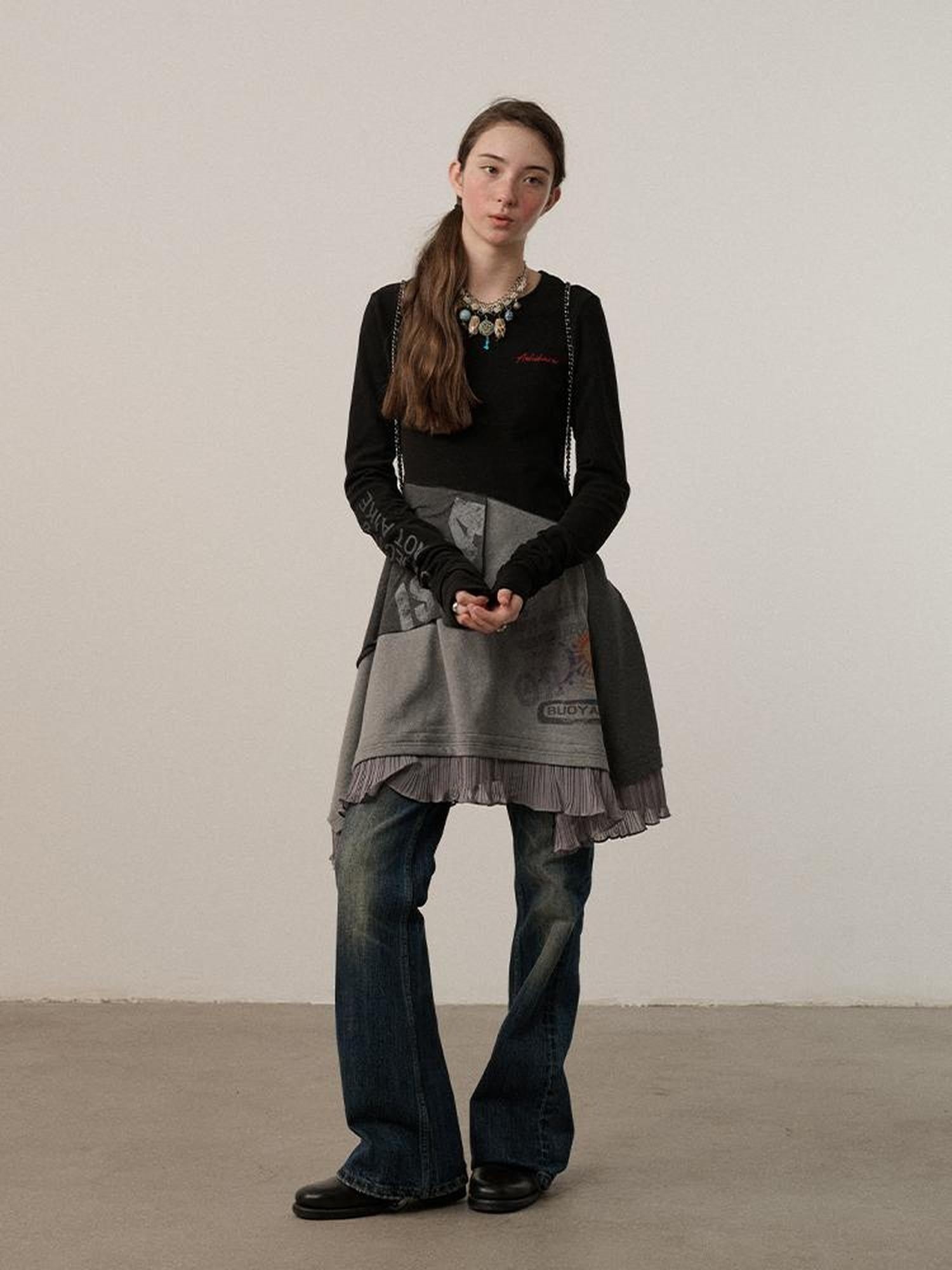 Achihara Stretch Loose Longsleeve Round Neck Spliced Women Urban Polyester Black T-Shirt