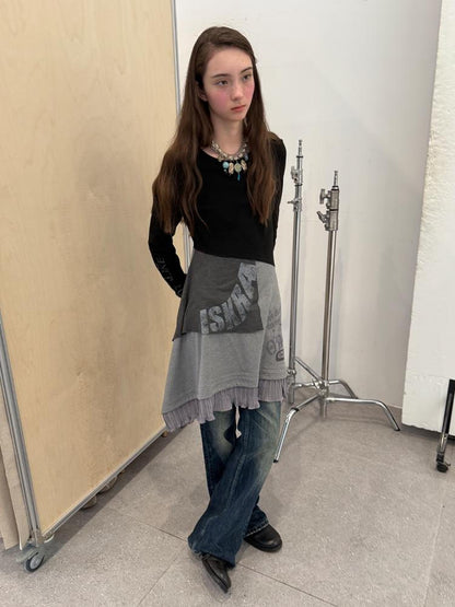 Achihara Stretch Loose Longsleeve Round Neck Spliced Women Urban Polyester Black T-Shirt