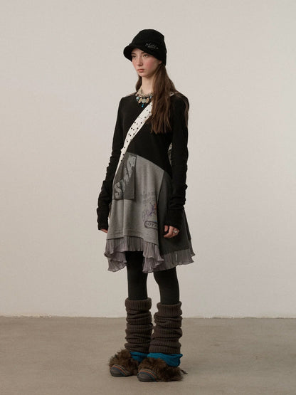 Achihara Stretch Loose Longsleeve Round Neck Spliced Women Urban Polyester Black T-Shirt