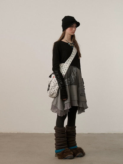 Achihara Stretch Loose Longsleeve Round Neck Spliced Women Urban Polyester Black T-Shirt