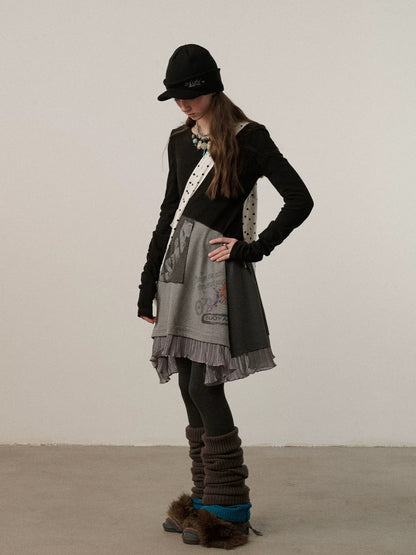 Achihara Stretch Loose Longsleeve Round Neck Spliced Women Urban Polyester Black T-Shirt