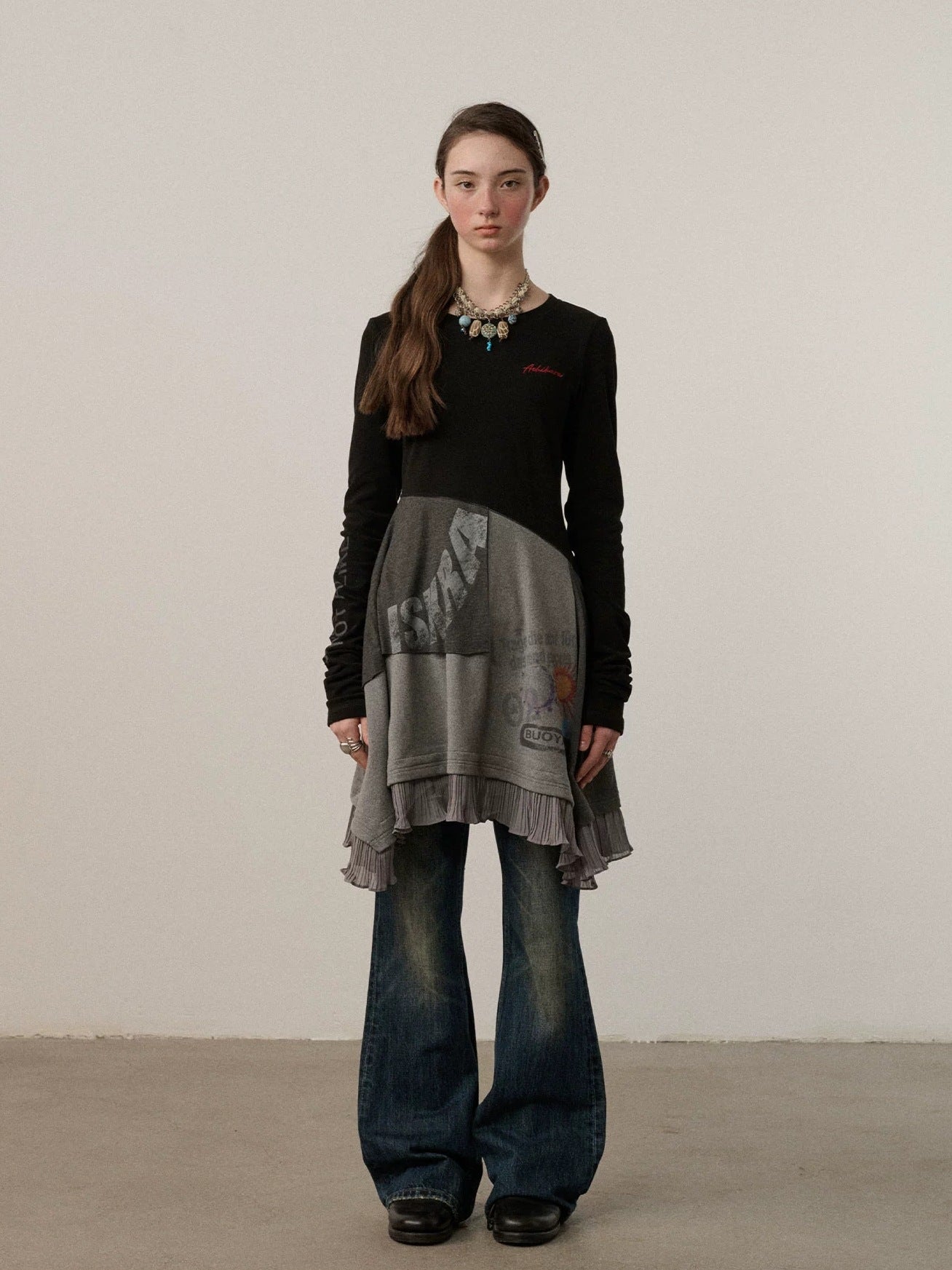 Achihara Stretch Loose Longsleeve Round Neck Spliced Women Urban Polyester Black T-Shirt