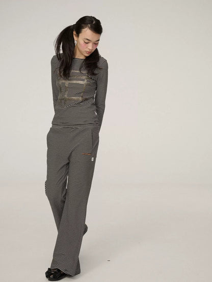 Achihara Stretch Office Straight Leg Slit Hem Women Black White Striped Pants