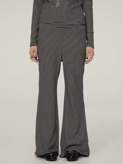 Achihara Stretch Office Straight Leg Slit Hem Women Black White Striped Pants