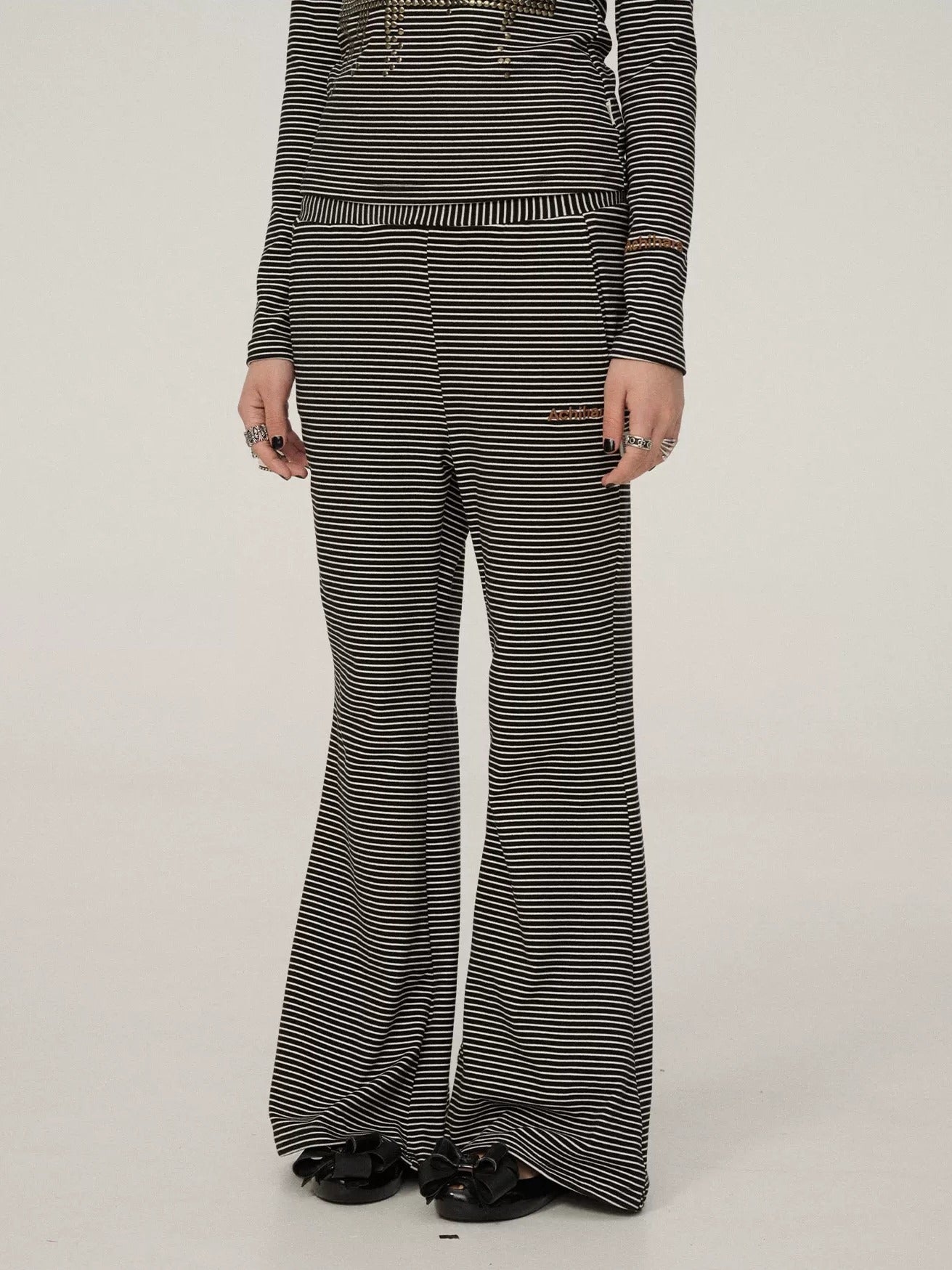 Achihara Stretch Office Straight Leg Slit Hem Women Black White Striped Pants