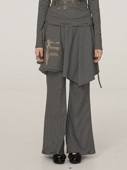 Achihara Stretch Office Straight Leg Slit Hem Women Black White Striped Pants-1