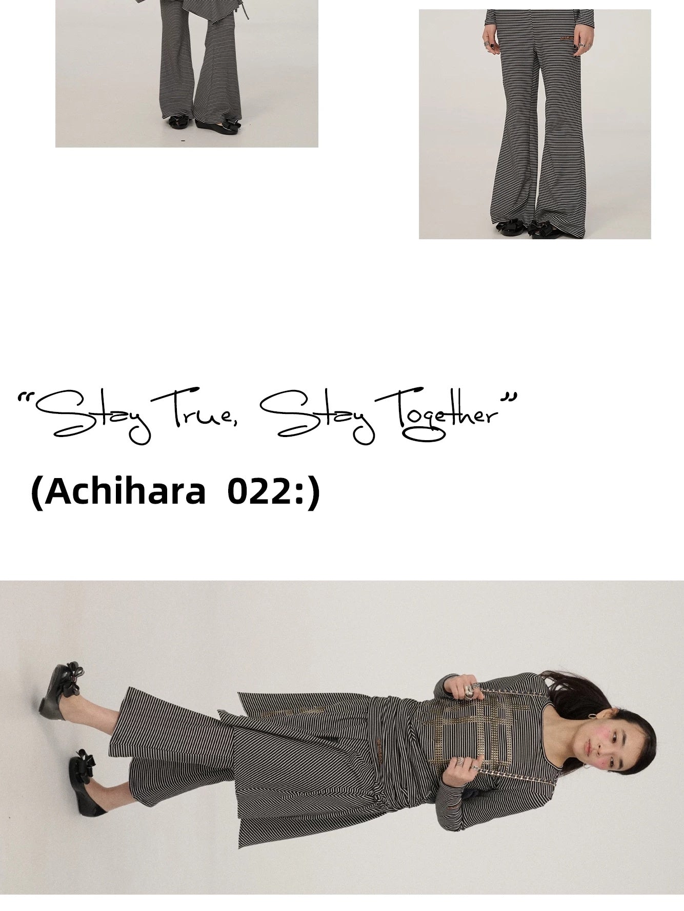 Achihara Stretch Office Straight Leg Slit Hem Women Black White Striped Pants