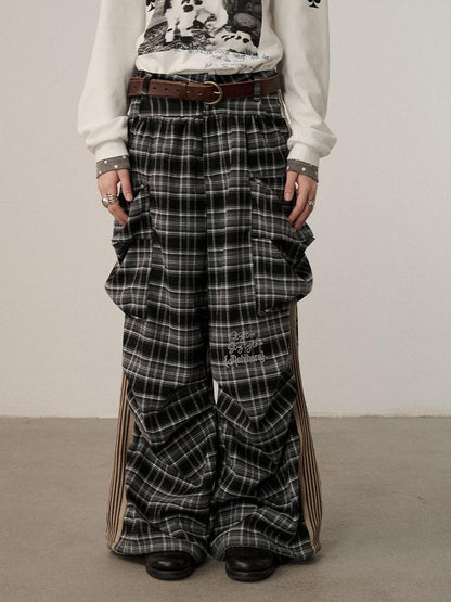 Achihara Stretch Pleated Straight Leg Plaid Mid Low Waist Polyester Women Pants