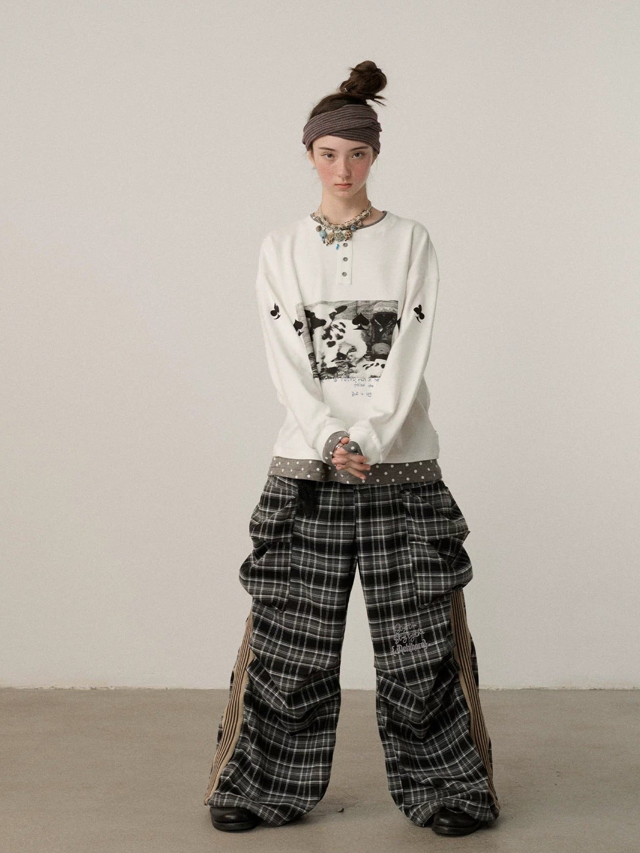 Achihara Stretch Pleated Straight Leg Plaid Mid Low Waist Polyester Women Pants