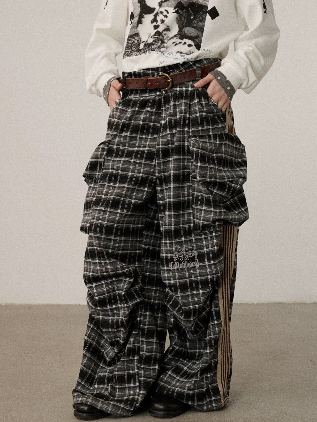 Achihara Stretch Pleated Straight Leg Plaid Mid Low Waist Polyester Women Pants
