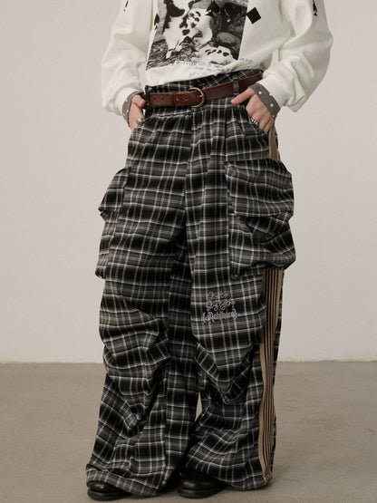 Achihara Stretch Pleated Straight Leg Plaid Mid Low Waist Polyester Women Pants