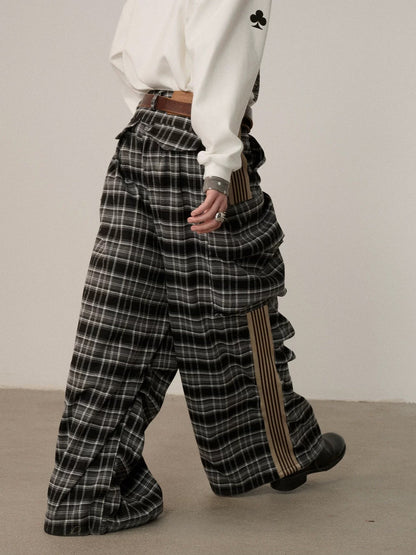 Achihara Stretch Pleated Straight Leg Plaid Mid Low Waist Polyester Women Pants