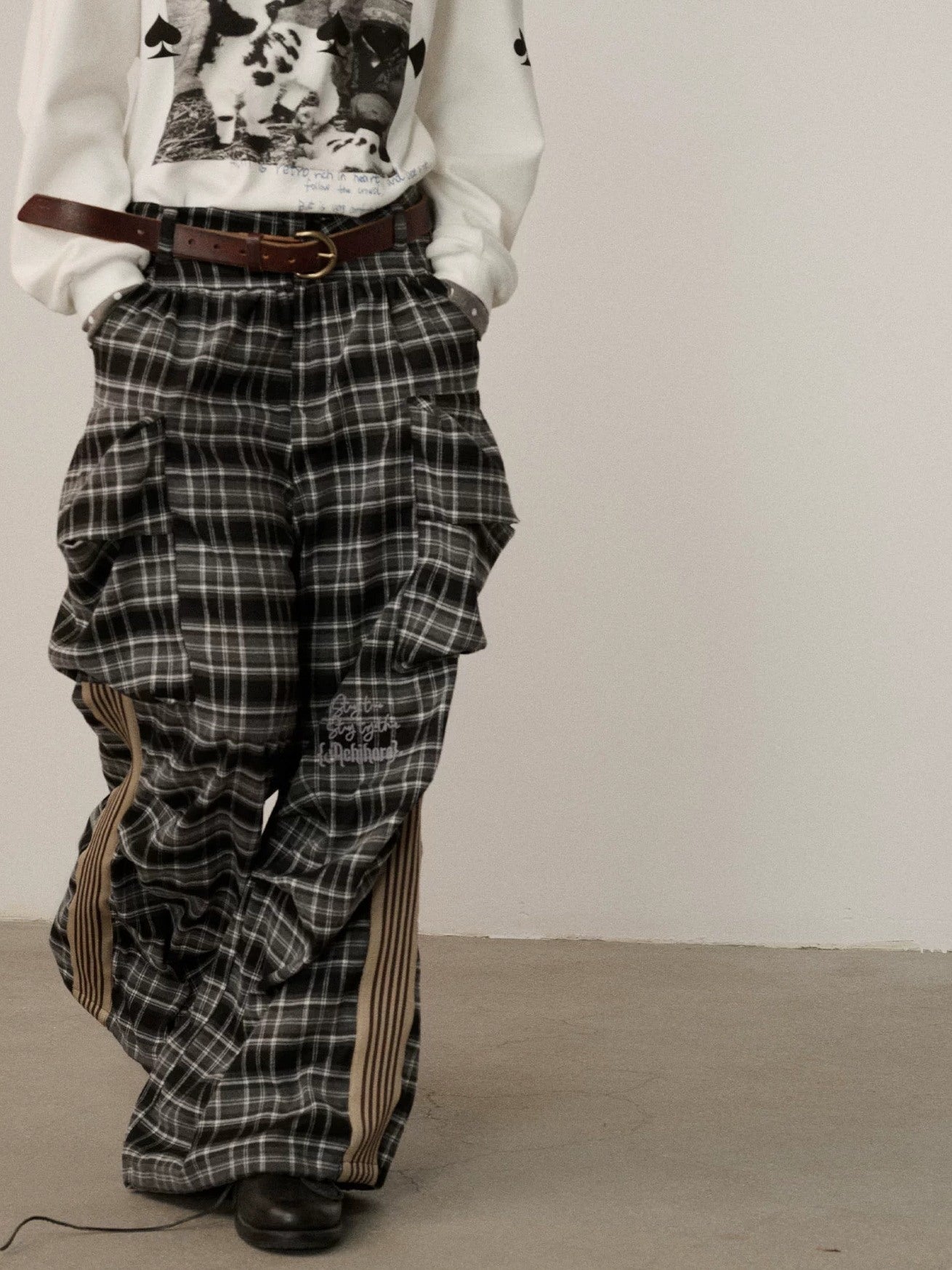 Achihara Stretch Pleated Straight Leg Plaid Mid Low Waist Polyester Women Pants