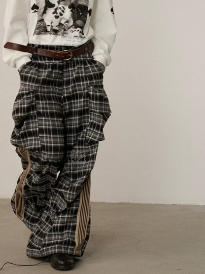 Achihara Stretch Pleated Straight Leg Plaid Mid Low Waist Polyester Women Pants