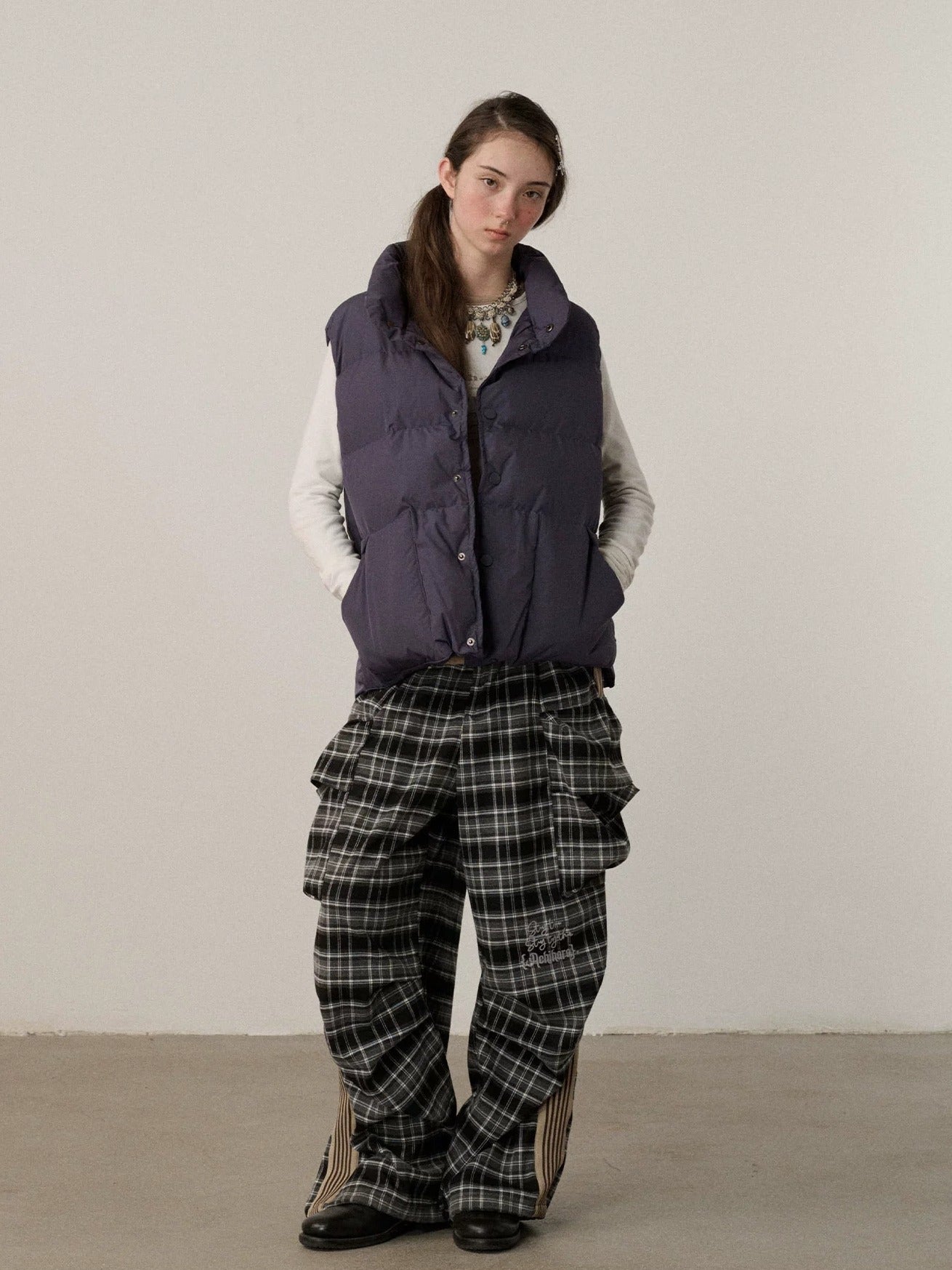 Achihara Stretch Pleated Straight Leg Plaid Mid Low Waist Polyester Women Pants