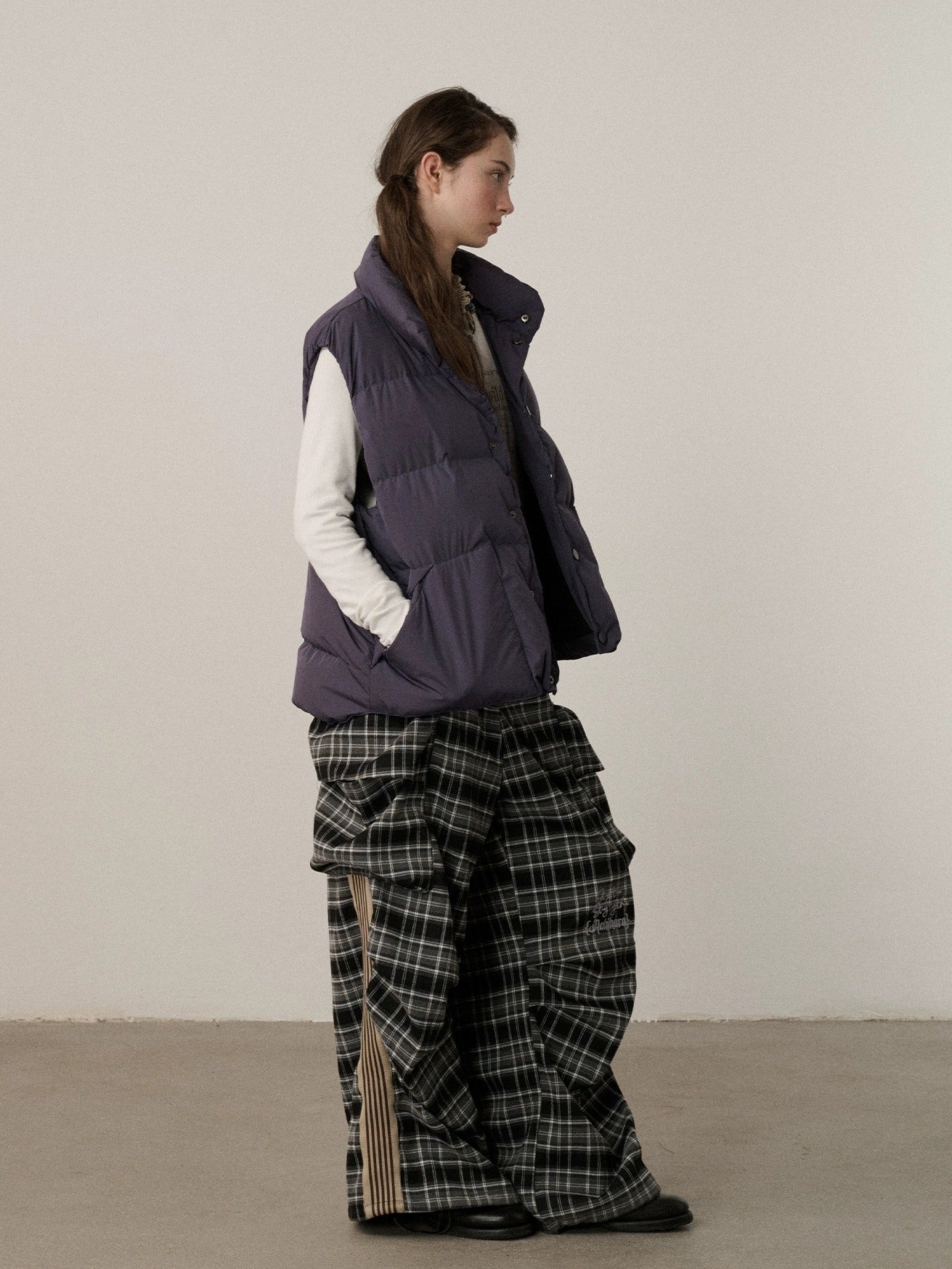 Achihara Stretch Pleated Straight Leg Plaid Mid Low Waist Polyester Women Pants